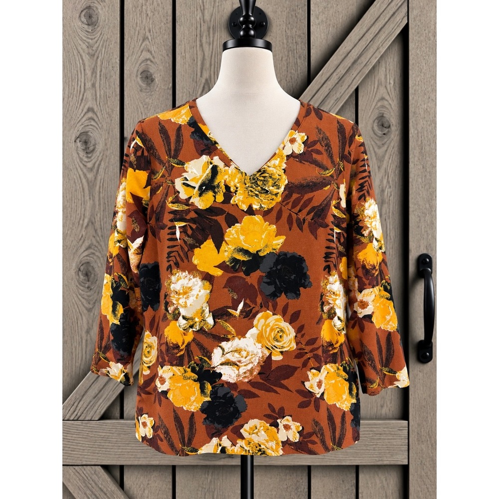 Denim & Co. Printed Brushed Heavenly Jersey Tunic Top V-Neck 2X Rust Orange Gold